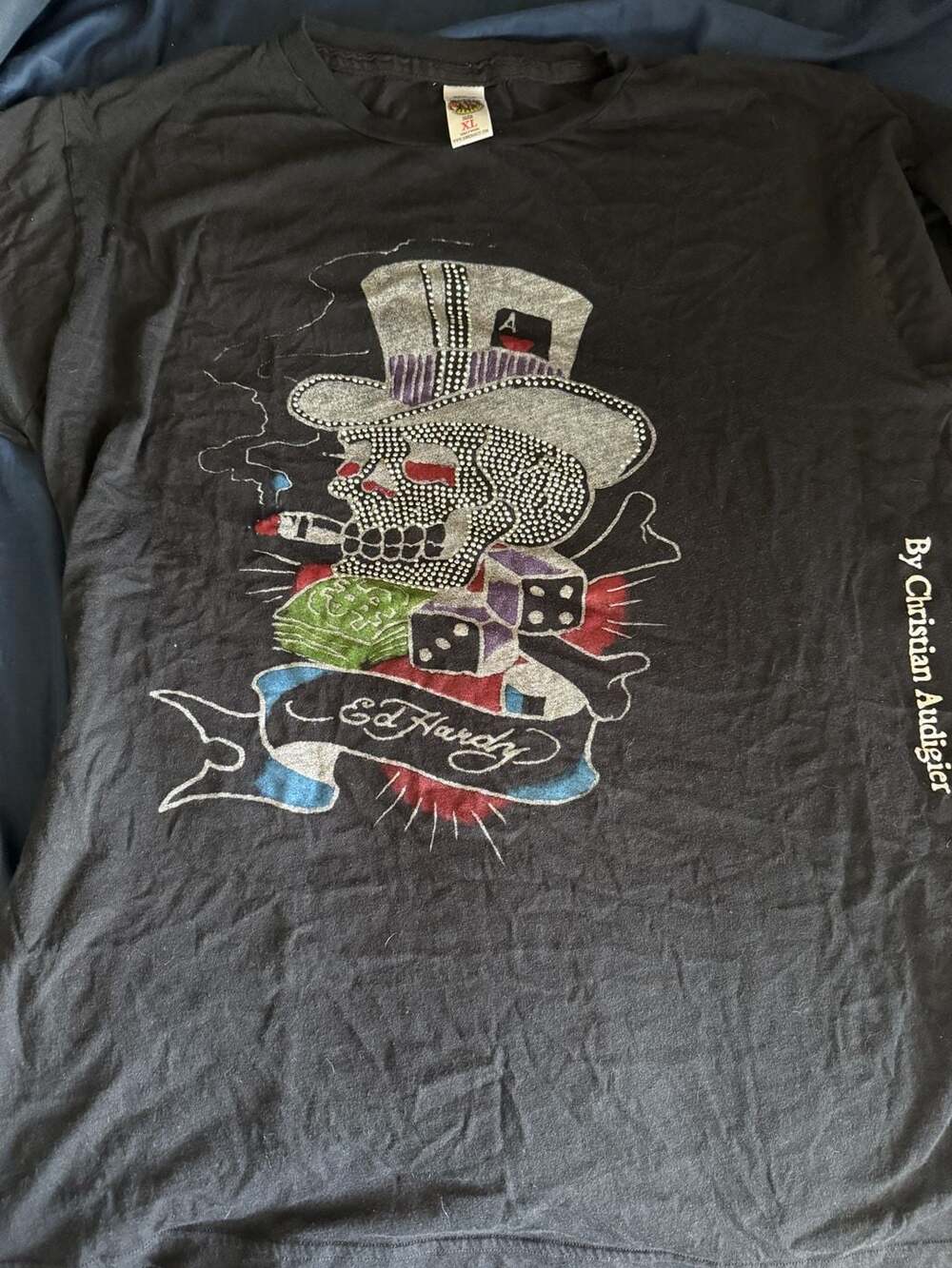 Ed Hardy Smoking Skull Dice Top Hat Graphic T-Shirt By Christian Audigier